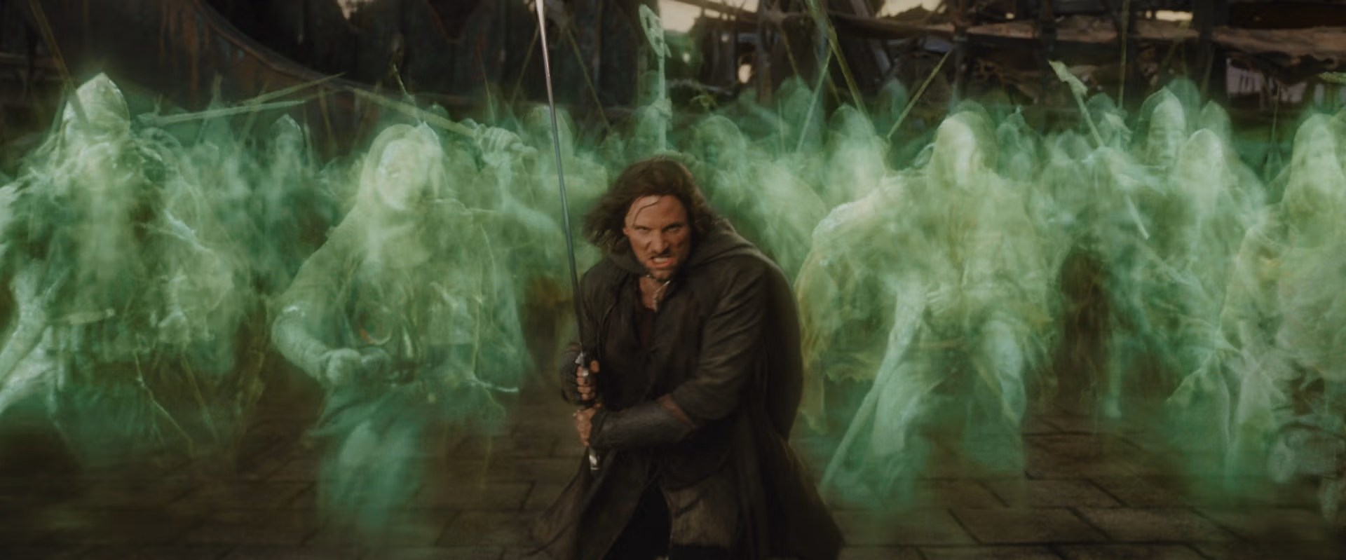 Aragorn leading the charge with the dead army behind him